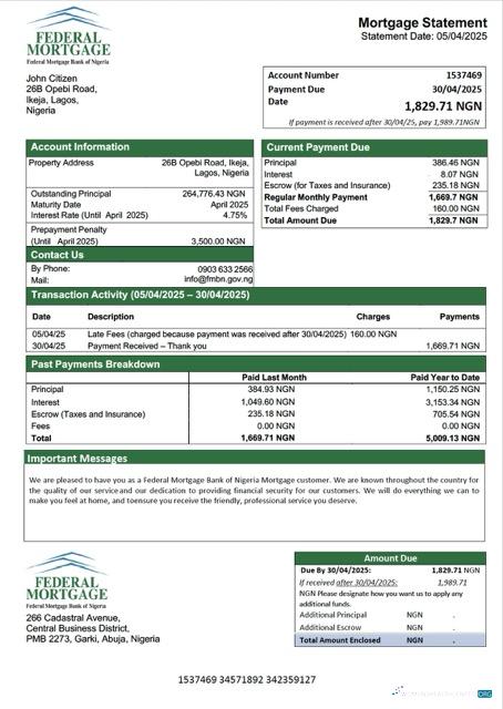 Download Nigeria Federal Mortgage Bank of Nigeria mortgage statement Word and PDF template Photoshop template
